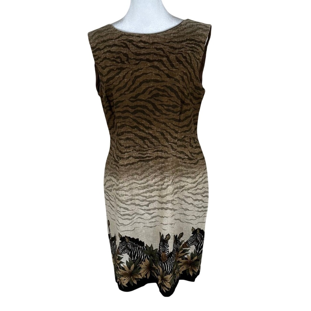 VTG Stonebridge Zebra Dress Women 8P Brown Linen Blend 90s Safari Sheath Shift